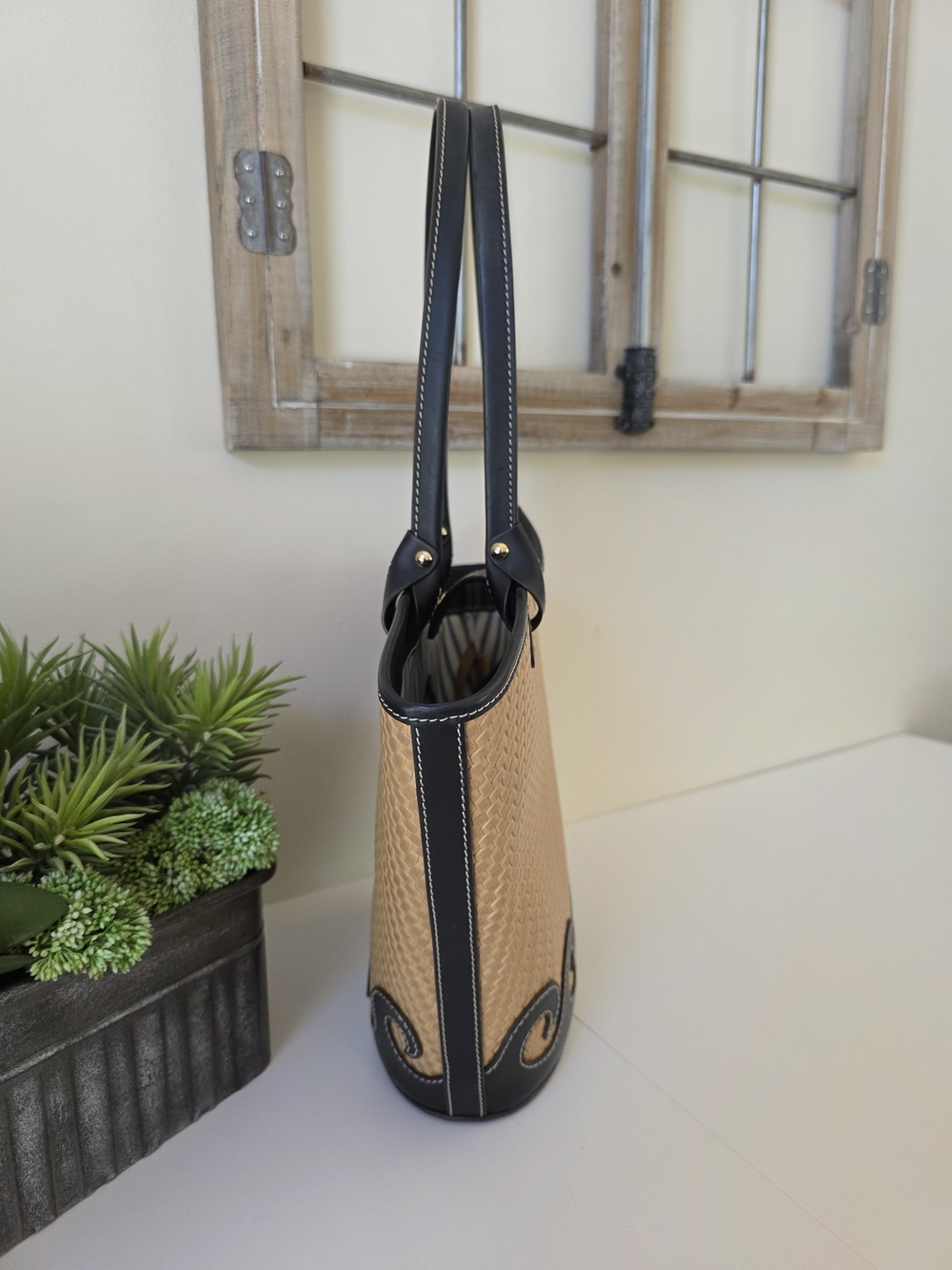 Dooney & Bourke Black Trim Tan Woven Tote Bag - Picture 4 of 13